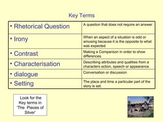 Key Terms Look for the Key terms in ‘The  Pieces of Silver’ The place and time a particular part of the story is set. Setting Conversation or discussion dialogue Describing attributes and qualities from a characters action, speech or appearance . Characterisation Making a Comparison in order to show differences. Contrast When an aspect of a situation is odd or amusing because it is the opposite to what was expected Irony A question that does not require an answer Rhetorical Question 