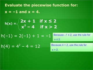 2x + 1  if x ≤ 2  x 2  – 4  if x > 2  h(x) = Because  –1 ≤ 2, use the rule for x ≤ 2 . Because  4 > 2, use the rule for x > 2. h(–1) = 2(–1) + 1 = –1 h(4) = 4 2  – 4 = 12 Evaluate the piecewise function for:  x = –1 and x = 4. 