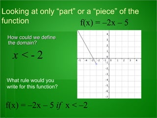 How could we define the domain?  Looking at only “part” or a “piece” of the function  What rule would you write for this function? f(x) = –2x – 5 f(x) = –2x – 5  if   x < –2 