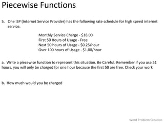Piecewise Functions
5. One ISP (Internet Service Provider) has the following rate schedule for high speed internet
service.
Monthly Service Charge - $18.00
First 50 Hours of Usage - Free
Next 50 hours of Usage - $0.25/hour
Over 100 hours of Usage - $1.00/hour
a. Write a piecewise function to represent this situation. Be Careful. Remember if you use 51
hours, you will only be charged for one hour because the first 50 are free. Check your work

b. How much would you be charged

Word Problem Creation

 