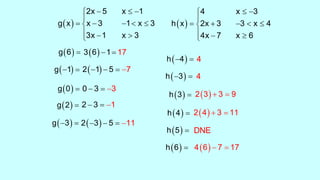  
2x 5 x 1
g x x 3 1 x 3
3x 1 x 3
  

    
  
 g 6 
 g 2 
 g 0 
 g 1 
 g 3 
 3 6 11 7 
 2 1 5 7   
0 33  
2 13  
 2 3 5 11   
 
4 x 3
h x 2x 3 3 x 4
4x 7 x 6
 

    
  
 h 4 
 h 3 
 h 3 
 h 4 
 h 5 
 h 6 
4
4
 2 3 3 9 
 2 4 3 11 
DNE
 4 6 7 17 
 