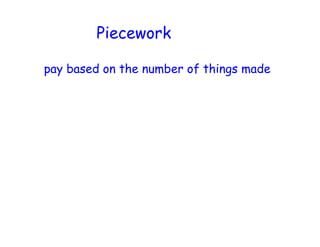 Piecework

pay based on the number of things made
 