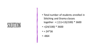 SOLUTION
• Total number of students enrolled in
Stitching and Drama classes
together = ( (11+13)/100) * 3600
• =(24/100) * 3600
• = 24*36
• =864
 