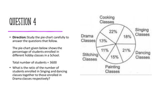 Question 4
• Direction:Study the pie-chart carefully to
answer the questions that follow.
The pie-chart given below shows the
percentage of students enrolled in
different hobby classes in a School.
Total number of students = 3600
• What is the ratio of the number of
students enrolled in Singing and dancing
classes together to those enrolled in
Drama classes respectively?
 