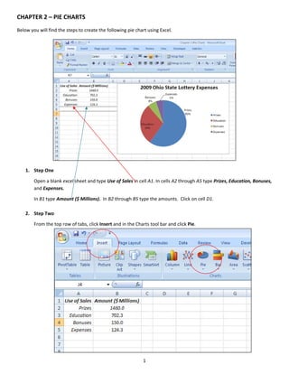 CHAPTER 2 – PIE CHARTS  
Below you will find the steps to create the following pie chart using Excel. 




                                                                                                          

    1. Step One 
         

        Open a blank excel sheet and type Use of Sales in cell A1. In cells A2 through A5 type Prizes, Education, Bonuses, 
        and Expenses. 
         

       In B1 type Amount ($ Millions).  In B2 through B5 type the amounts.  Click on cell D1. 
        
    2. Step Two  
         

        From the top row of tabs, click Insert and in the Charts tool bar and click Pie.  




                                                                                                                  
                                                              1 
 
 