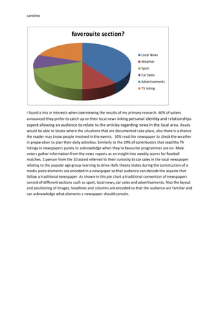 caroline



                           faverouite section?


                                                                      Local News
                                                                      Weather
                                                                      Sport
                                                                      Car Sales
                                                                      Advertisements
                                                                      TV listing




I found a mix in interests when overviewing the results of my primary research. 40% of voters
announced they prefer to catch up on their local news linking personal identity and relationships
aspect allowing an audience to relate to the articles regarding news in the local area. Reads
would be able to locate where the situations that are documented take place, also there is a chance
the reader may know people involved in the events. 10% read the newspaper to check the weather
in preparation to plan their daily activities. Similarly to the 20% of contributors that read the TV
listings in newspapers purely to acknowledge when they’re favourite programmes are on. Male
voters gather information from the news reports as an insight into weekly scores for football
matches. 1 person from the 10 asked referred to their curiosity to car sales in the local newspaper
relating to the popular age group learning to drive.Halls theory states during the construction of a
media piece elements are encoded in a newspaper so that audience can decode the aspects that
follow a traditional newspaper. As shown in this pie chart a traditional convention of newspapers
consist of different sections such as sport, local news, car sales and advertisements. Also the layout
and positioning of images, headlines and columns are encoded so that the audience are familiar and
can acknowledge what elements a newspaper should contain.
 