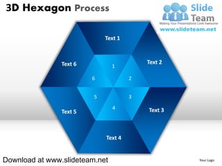 3D Hexagon Process

                             Text 1



                Text 6                    Text 2
                                1

                         6            2


                         5            3

                                4         Text 3
                Text 5



                             Text 4


Download at www.slideteam.net                      Your Logo
 