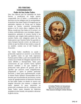 DÍA TERCERO
CONSIDERACIÓN
Poder de San Judas Tadeo
Dice San Marcos que los apóstoles de Jesús
fueron, y predicaron en todas partes,
cooperando con el Señor, y confirmando su
doctrina con los milagros que la acompañaban.
Al predicar San Judas Tadeo el Evangelio por las
apartadas regiones de Persia que le habían
tocado en suerte, convirtió innumerables
gentes a la Fe, entre ellos a Agábaro, Rey de
Edesa, curado por San Judas en el cuerpo y en
el alma, confundiendo a sus enemigos, magos e
impostores, quitando el veneno mortal a las
serpientes que ningún daño pudieron hacer a
nuestro Santo, este milagroso poder de San
Judas parece que Nuestro Señor ha querido en
estos tiempos hacerlo revivir, sin duda por el
olvido en que los fieles le han tenido a causa de
su nombre, común con el del Traidor de
Jesucristo.
San Judas Tadeo manifiesta su ayuda y
protección especial en socorrer a sus devotos
de aquellos casos en que toda esperanza
humana parece faltar, y por eso el pueblo fiel le
aclama con el título de Abogado especial de los
casos difíciles y desesperados. Basta para
convencerse de que nuestro Santo Apóstol
alcance también a los que imploran su
protección todo género de gracias, aún de
aquellas que parecen cosas insignificantes,
preguntarlo a quien le profese particular
devoción, y basta para experimentarlo, acudir
al mismo Santo Apóstol. Innumerables son los
devotos que reconocidos de sus favores, envían
cartas de agradecimiento al Santuario Nacional
de San Judas Tadeo, en donde se venera con
singular devoción una estatua y reliquia del
Santo Apóstol. Si, pues, queremos su
protección, acudamos con fe y confianza a San
Judas Tadeo, quien después de habernos
ayudado en este mundo, nos ayudará a alcanzar
la gloria eterna.
A Judas Tadeo en las penas
Que de las gracias del cielo
Sus manos siempre están llenas.
pag. 40
 