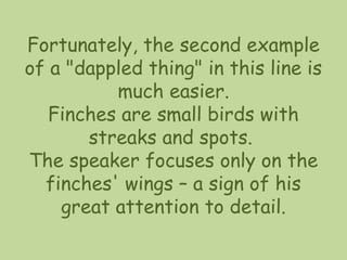Fortunately, the second example
of a "dappled thing" in this line is
much easier.
Finches are small birds with
streaks and spots.
The speaker focuses only on the
finches' wings – a sign of his
great attention to detail.
 