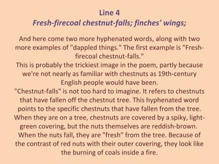 Line 4
Fresh-firecoal chestnut-falls; finches' wings;
And here come two more hyphenated words, along with two
more examples of "dappled things." The first example is "Fresh-
firecoal chestnut-falls."
This is probably the trickiest image in the poem, partly because
we're not nearly as familiar with chestnuts as 19th-century
English people would have been.
"Chestnut-falls" is not too hard to imagine. It refers to chestnuts
that have fallen off the chestnut tree. This hyphenated word
points to the specific chestnuts that have fallen from the tree.
When they are on a tree, chestnuts are covered by a spiky, light-
green covering, but the nuts themselves are reddish-brown.
When the nuts fall, they are "fresh" from the tree. Because of
the contrast of red nuts with their outer covering, they look like
the burning of coals inside a fire.
 
