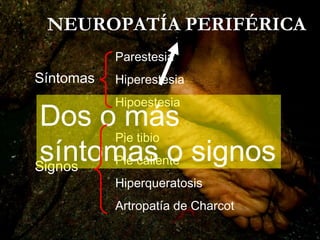 NEUROPATÍA PERIFÉRICA
Síntomas
Signos
Parestesia
Hiperestesia
Hipoestesia
Pie tibio
Pie caliente
Hiperqueratosis
Artropatía de Charcot
Dos o más
síntomas o signos
 