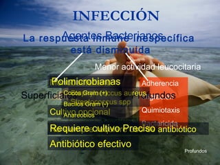 INFECCIÓN
La respuesta inmune inespecífica
está disminuida
Menor actividad leucocitaria
Adherencia
Migración
Quimiotaxis
Bactericida
Agentes Bacterianos
Superficiales Profundos
Monobacteriano
Staphylococcus aureus
Streptococcus spp
Cultivo opcional
No siempre requiere uso de antibiótico
Profundos
Polimicrobianas
Requiere cultivo Preciso
Antibiótico efectivo
Cocos Gram (+)
Bacilos Gram (-)
Anareobios
 