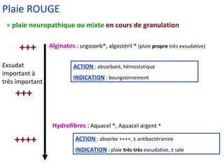 Plaie ROUGE = plaie neuropathique ou mixte  en cours de granulation Exsudat important à très important +++  ++++ Alginates  :   urgosorb ® , algostéril  ®  (plaie  propre  très exsudative) ACTION   : absorbant, hémostatique INDICATION  : bourgeonnement +++ Hydrofibres  :   Aquacel  ® , Aquacel argent  ® ACTION   : absorbe ++++,  ± antibactérienne INDICATION  : plaie  très très  exsudative,  ± sale 