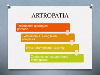 ARTROPATIA
Tratamiento quirúrgico
primario
Exostectomía, elongación,
artrodesis
Evita deformidades, úlceras
Cuidados de postoperatorio
prolongados
 