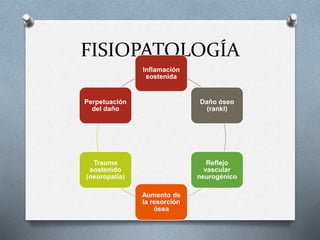 FISIOPATOLOGÍA
Inflamación
sostenida
Daño óseo
(rankl)
Reflejo
vascular
neurogénico
Aumento de
la resorción
ósea
Trauma
sostenido
(neuropatia)
Perpetuación
del daño
 