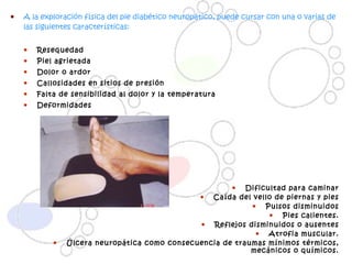 A la exploración física del pie diabético neuropático, puede cursar con una o varias de las siguientes características: Resequedad Piel agrietada Dolor o ardor Callosidades en sitios de presión Falta de sensibilidad al dolor y la temperatura Deformidades Dificultad para caminar Caída del vello de piernas y pies Pulsos disminuidos Pies calientes. Reflejos disminuidos o ausentes Atrofia muscular. Úlcera neuropática como consecuencia de traumas mínimos térmicos, mecánicos o químicos. 