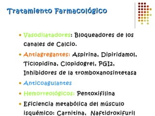 Tratamiento Farmacológico   Vasodilatadores : Bloqueadores de los canales de Calcio. Antiagregantes:  Aspirina, Dipiridamol, Ticlopidina, Clopidogrel, PGI2, Inhibidores de la tromboxanosintetasa  Anticoagulantes   Hemorreológicos:  Pentoxifilina  Eficiencia metabólica del músculo isquémico: Carnitina,  Naftidroxifuril   