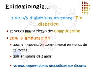 Epidemiología… 1 de c/5 diabéticos presenta:  Pie diabético 15 veces mayor riesgo de:  complicación 20%    amputación 30%    amputación contralateral en menos de 12 meses 50% en menos de 5 años 70-80% amputaciones precedidas por úlceras crónicas  (Diabetes Care: 13:513-521,1990).  