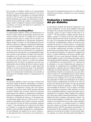 Reverter Calatayud JL. Pie diabético. Abordaje multidisciplinar
244 FMC. 2015;22(5):242-49
pero asociada a la diabetes mellitus es la neuroartropatía
de Charcot23. Su prevalencia alcanza del 0,8 al 7,5% de los
pacientes diabéticos con neuropatía, con afectación bilateral
en hasta el 35% de casos24. Se cree que involucra una dis-
función autonómica que produce una alteración de la perfu-
sión de los huesos del pie que conduce a su fragmentación y
colapso. El pie “en balancín” resultante, de base redondeada,
es propenso a la necrosis del tejido por la exposición y la
carga, y a la ulceración25.
Deformidades musculoesqueléticas
La polineuropatía diabética conlleva desmielinización con
lesión de la placa motora, lo que produce atrofia de la mus-
culatura intrínseca del pie26. La pérdida de los músculos
interóseos puede causar el colapso del arco plantar y la
pérdida de la estabilidad de las articulaciones metatarsofa-
lángicas durante la marcha. La sobrecompensación por los
músculos extrínsecos conducirá a la aparición de deformida-
des musculoesqueléticas27. Dependiendo de la deformidad,
las úlceras se producirán en diferentes puntos del pie. Así,
un pie cavo-varo tiene una disminución de la amplitud de
movimiento de las articulaciones con incapacidad para adap-
tarse al terreno y baja tolerancia al choque. En los pacientes
neuropáticos con un pie plano, una pronación excesiva y
un primer radio hipermóvil aumenta la presión y en riesgo
de formación de callo y úlceras en la cabeza del segundo
metatarsiano. Por el contrario, los pacientes con un pie cavo
rígido pueden ulcerarse debajo del talón o el primer o quinto
metatarsianos, y en el pie de Charcot, la parte inferior del
cuboides es un área de aumento de riesgo. A las deformida-
des como factor de riesgo de ulceración se asocian otros 3
como son la alteración de la biomecánica de la marcha, la
limitación de la movilidad articular y la patología grave de
las uñas28.
Infección
Los pacientes diabéticos tienen una mayor incidencia de
infecciones debido al deterioro inmunológico, la disminu-
ción de la actividad de los leucocitos polimorfonucleares, la
neuropatía y la insuficiencia vascular, entre otros factores.
En el caso de las úlceras, hasta el 80% presentan infección
asociada29. Debido a que el estricto control de la glucemia
puede mejorar esta situación, es fundamental un tratamiento
estricto de la hiperglucemia. Uno de los riesgos de la úlcera
infectada es el desarrollo de abscesos y la afectación ósea.
La osteomielitis aparece hasta en el 20% de casos30. En pa-
cientes con arteriopatía existe siempre el riesgo de extensión
de la infección en forma de fascitis necrotizante, gangrena
y sepsis31. Una característica de la infección de las úlceras
en la diabetes es la aparición de múltiples gérmenes tanto
aeróbicos como anaeróbicos grampositivos y gramnegativos.
Los más habituales son Staphylococcus aureus, Streptococ-
cus del grupo B, Proteus, Escherichia coli, Pseudomonas y
Bacteroides. Es importante destacar que no es infrecuente la
aparición de Clostridium y Staphylococcus aureus resistente
a meticilina32.
Evaluación y tratamiento
del pie diabético
La descripción detallada del protocolo diagnóstico y las
técnicas terapéuticas en casos de pie diabético están fuera
del objetivo de la presente actualización. Existen excelentes
revisiones y guías a las que se remite al lector para su re-
visión33-37. De forma general, cualquier paciente afecto de
diabetes, presente o no úlceras en los pies, debe intentar la
máxima optimización del control de glucemia. En particu-
lar, como se ha comentado previamente, ante la posibilidad
de infección, la hiperglucemia conlleva un riesgo de agra-
vamiento del proceso. La historia clínica y la exploración
física han de ser cuidadosas para detectar las comorbilidades
y las posibles complicaciones asociadas a la diabetes. En
general, todos los pacientes deben ser valorados en su estado
de vascularización periférica. La inspección, la palpación de
pulsos y el índice tobillo-brazo son técnicas sencillas indis-
pensables. En casos en que aparezcan alteradas, la utiliza-
ción del doppler vascular y otras técnicas de imagen como la
arteriografía permitirán determinar el diagnóstico adecuado
y la posibilidad de revascularización38. La valoración de
la neuropatía es otro paso fundamental para categorizar el
pie diabético. La exploración de la sensibilidad vibratoria,
propioceptiva y epicrítica del tacto mediante diapasón, mo-
nofilamento de Semmes-Weinstein y valoración de reflejos
osteotendinosos bastarán en la mayoría de casos para deter-
minar el estado de la sensibilidad protectora. Otras técnicas
como la electromiografía pueden aportar información en
situaciones más complejas. En el caso del pie diabético es
muy importante el estudio de la biomecánica de la marcha.
Existen sistemas computarizados de análisis de las áreas de
presión de la planta del pie durante la carga que permiten
detectar fuerzas mecánicas anormales y zonas de hiperpre-
sión susceptibles de ulcerarse39. Una vez aparece, una úlcera
debe ser evaluada con precisión. Debe registrarse su locali-
zación, profundidad, diámetro y aspecto para poder hacer el
seguimiento de su progreso. Deben explorarse los márgenes
de la úlcera para evaluar la destrucción del tejido y la posibi-
lidad de que afecte a tendones, articulaciones o huesos. Una
técnica de gran utilidad es la prueba de contacto óseo, que
consiste en la introducción de una sonda o pinza quirúrgica
metálica en la úlcera y se considera positiva si se aprecia
que existe contacto con el hueso. Esta prueba tiene un valor
predictivo positivo del 95% para detectar osteomielitis40. La
localización de la úlcera también orienta hacia su origen. Si
aparecen en el extremo de los dedos o el dorso del pie sugie-
ren isquemia. Las úlceras del talón pueden desarrollarse en
 