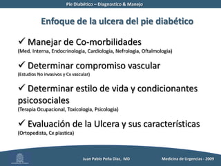 Pie Diabético – Diagnostico & Manejo	Mecanismo de lesiónPresiones elevadas y prolongadas sobre prominencias oseas	Lesiones de los aspectos dorsal, medial y lateral (CALZADO)          Juan Pablo Peña Diaz,  MD 	Medicina de Urgencias - 2009