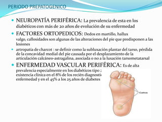 PERIODO PREPATOGENICO

  NEUROPATÍA PERIFÉRICA: La prevalencia de esta en los
   diabéticos con más de 20 años de evolución de su enfermedad
  FACTORES ORTOPEDICOS: Dedos en martillo, hallux
   valgo, callosidades son algunas de las alteraciones del pie que predisponen a las
   lesiones
  artropatía de charcot : se definir como la subluxación plantar del tarso, pérdida
   de la concavidad medial del pie causada por el desplazamiento de la
   articulación calcáneo-astragalina, asociada o no a la luxación tarsometatarsal
  ENFERMEDAD VASCULAR PERIFÉRICA: Es de alta
   prevalencia especialmente en los diabéticos tipo 2,en los cuales se constata su
   existencia clínica en el 8% de los recién diagnosticados,15% a los diez años de
   enfermedad y en el 45% a los 25 años de diabetes
 