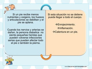 Si un pie recibe menos
nutrientes y oxigeno, los huesos
y articulaciones se debilitan y el
pie se aplana.
Cuando los nervios y arterias se
dañan, la persona diabetica no
siente pequeñas heridas que
pueden volverse infecciones
serias que pueden afectar todo
el pie o también la pierna.
Si esta situación no se detiene
puede llegar a todo el cuerpo.
Enrojecimiento.
Inflamación.
Calentura en un pie.
 