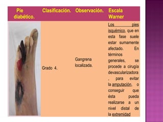 Pie
diabético.
Clasificación. Observación. Escala
Warner
Grado 4.
Gangrena
localizada.
Los pies
isquémico, que en
esta fase suele
estar sumamente
afectado. En
términos
generales, se
procede a cirugía
devascularizadora
, para evitar
la amputación, o
conseguir que
ésta pueda
realizarse a un
nivel distal de
la extremidad
 