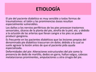 ETIOLOGÍA
El pie del paciente diabético es muy sensible a todas formas de
traumatismos: el talón y las prominencias óseas resultan
especialmente vulnerables.
Los daños a los nervios periféricos de los pies provocan trastornos
sensoriales, úlceras de la planta del pie, atrofia de la piel, etc. y debido
a la oclusión de las arterias que llevan sangre a los pies se puede
producir gangrena.
Es frecuente en los pacientes diabéticos que las lesiones propias del
denominado pie diabético trascurran sin dolor, debido a lo cual se
suele agravar la lesión antes de que el paciente pida ayuda
especializada.
Deformidades del pie: Alteraciones estructurales del pie como la
presencia de dedo de martillo, dedos en garra, hallux valgus, cabezas
metatarsianas prominentes, amputaciones u otra cirugía del pie.
 