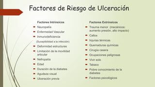 Factores de Riesgo de Ulceración
Factores Intrínsicos
 Neuropatía
 Enfermedad Vascular
 Inmunodeficiencia
(Suceptibilidad a la infección)
 Deformidad estructuras
 Limitación de la movilidad
articular
 Nefropatía
 Edad
 Duración de la diabetes
 Agudeza visual
 Ulceración previa
Factores Extrínsicos
 Trauma menor (mecánicos:
aumento presión, alto impacto)
 Callos
 Injurias térmicas
 Quemaduras químicas
 Cirugía casera
 Ocupaciones peligrosas
 Vivir solo
 Tabaco
 Pobre conocimiento de la
diabetes
 Factores psicológicos
 