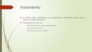 Tratamiento
 La úlcera debe debridarse con regularidad, eliminando todo callo o
tejido no viable alrededor.
 Hospitalizar en caso de:
 Imposibilidad de conseguir reposo del pie
 Fracaso de curación
 Infección grave sin controlar
 