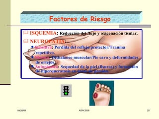 Factores de Riesgo ISQUEMIA :   Reducción del flujo y oxigenación tisular. NEUROPATIA :  Sensitiva :  Perdida del reflejo protector/Trauma repetitivo. Motora :  Disbalance muscular/Pie cavo y deformidades de ortejos. Autonómica :  Sequedad de la piel (fisuras) y formación de hiperqueratosis en áreas de presión.   