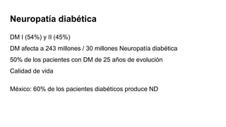 Neuropatía diabética
DM I (54%) y II (45%)
DM afecta a 243 millones / 30 millones Neuropatía diabética
50% de los pacientes con DM de 25 años de evolución
Calidad de vida
México: 60% de los pacientes diabéticos produce ND
 