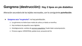 Alteración secundaria de los tejidos necrosados, con la consiguiente putrefacción.
● Gangrena seca “no genuina”: no hay putrefacción.
○ Los gérmenes no hallan buen medio de cultivo y el dedo se momifica.
○ Hay trombosis de pequeños vasos digitales.
○ Histológicamente: cambios de necrosis coagulativa. Puede haber autoamputación.
○ Primeros signos: HIPOESTESIA, palidez local, sensación de frío
Gangrena (destrucción): Hay 2 tipos en pie diabético
 