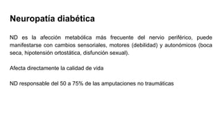 Neuropatía diabética
ND es la afección metabólica más frecuente del nervio periférico, puede
manifestarse con cambios sensoriales, motores (debilidad) y autonómicos (boca
seca, hipotensión ortostática, disfunción sexual).
Afecta directamente la calidad de vida
ND responsable del 50 a 75% de las amputaciones no traumáticas
 