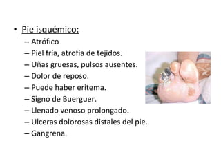 • Pie isquémico:
– Atrófico
– Piel fría, atrofia de tejidos.
– Uñas gruesas, pulsos ausentes.
– Dolor de reposo.
– Puede haber eritema.
– Signo de Buerguer.
– Llenado venoso prolongado.
– Ulceras dolorosas distales del pie.
– Gangrena.
 