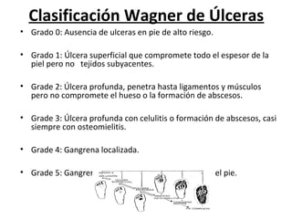 Clasificación Wagner de Úlceras
• Grado 0: Ausencia de ulceras en pie de alto riesgo.
• Grado 1: Úlcera superficial que compromete todo el espesor de la
piel pero no tejidos subyacentes.
• Grade 2: Úlcera profunda, penetra hasta ligamentos y músculos
pero no compromete el hueso o la formación de abscesos.
• Grade 3: Úlcera profunda con celulitis o formación de abscesos, casi
siempre con osteomielitis.
• Grade 4: Gangrena localizada.
• Grade 5: Gangrena extensa que compromete todo el pie.
 
