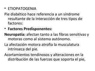 • ETIOPATOGENIA
Pie diabético hace referencia a un síndrome
resultante de la interacción de tres tipos de
factores:
• Factores Predisponentes:
Neuropatía: afectan tanto a las fibras sensitivas y
motoras como al sistema autónomo.
La afectación motora atrofia la musculatura
intrínseca del pie.
Acortamientos tendinosos y alteraciones en la
distribución de las fuerzas que soporta el pie,
 