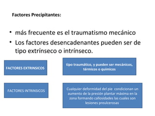 Factores Precipitantes:
• más frecuente es el traumatismo mecánico
• Los factores desencadenantes pueden ser de
tipo extrínseco o intrínseco.
FACTORES EXTRINSICOS
tipo traumático, y pueden ser mecánicos,
térmicos o químicos
FACTORES INTRINSICOS Cualquier deformidad del pie condicionan un
aumento de la presión plantar máxima en la
zona formando callosidades las cuales son
lesiones preulcerosas
 
