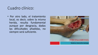 Cuadro clínico:
• Por otro lado, el tratamiento
local, es decir, sobre la misma
herida, resulta fundamental
aunque por desgracia, dadas
las dificultades añadidas, no
siempre será suficiente.
 