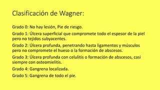 Clasificación de Wagner:
Grado 0: No hay lesión, Pie de riesgo.
Grado 1: Úlcera superficial que compromete todo el espesor de la piel
pero no tejidos subyacentes.
Grado 2: Úlcera profunda, penetrando hasta ligamentos y músculos
pero no compromete el hueso o la formación de abscesos.
Grado 3: Úlcera profunda con celulitis o formación de abscesos, casi
siempre con osteomielitis.
Grado 4: Gangrena localizada.
Grado 5: Gangrena de todo el pie.
 