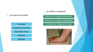  Se clasifica de acuerdo:
Gravedad
Extensión de la lesión
Apariencia clínica
Ubicación
Etiología
Infección sin riesgo de amputación
Infección con riesgo de amputación
Infección con riesgo para la vida
 Se clasifica 3 categorías:
 