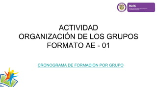 ACTIVIDAD
ORGANIZACIÓN DE LOS GRUPOS
FORMATO AE - 01
CRONOGRAMA DE FORMACION POR GRUPO
 