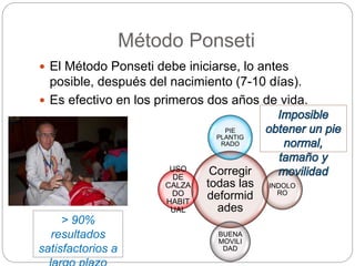 Método Ponseti 
 El Método Ponseti debe iniciarse, lo antes 
posible, después del nacimiento (7-10 días). 
 Es efectivo en los primeros dos años de vida. 
PIE 
PLANTIG 
RADO 
Corregir 
todas las 
deformid 
ades 
INDOLO 
RO 
BUENA 
MOVILI 
DAD 
USO 
DE 
CALZA 
DO 
HABIT 
UAL 
> 90% 
resultados 
satisfactorios a 
largo plazo 
 