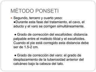 MÉTODO PONSETI 
 Segundo, tercero y cuarto yeso: 
●Durante esta fase del tratamiento, el cavo, el 
aducto y el varo se corrigen simultáneamente. 
● Grado de corrección del escafoides: distancia 
palpable entre el maléolo tibial y el escafoides. 
Cuando el pie está corregido esta distancia debe 
ser de 1.5-2 cm. 
● Grado de corrección del varo: el grado de 
desplazamiento de la tuberosidad anterior del 
calcáneo bajo la cabeza del talo. 
 