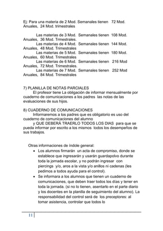 11
Ej: Para una materia de 2 Mod. Semanales tienen 72 Mod.
Anuales, 24 Mod. trimestrales
Las materias de 3 Mod. Semanales tienen 108 Mod.
Anuales, 36 Mod. Trmestrales.
Las materias de 4 Mod. Semanales tienen 144 Mod.
Anuales, 48 Mod. Trimestrales
Las materias de 5 Mod. Semanales tienen 180 Mod.
Anuales, 60 Mod. Trimestrales
Las materias de 6 Mod. Semanales tienen 216 Mod
Anuales, 72 Mod. Trimestrales.
Las materias de 7 Mod. Semanales tienen 252 Mod
Anuales, 84 Mod. Trimestrales
7) PLANILLA DE NOTAS PARCIALES
El profesor tiene La obligación de informar mensualmente por
cuaderno de comunicaciones a los padres las notas de las
evaluaciones de sus hijos.
8) CUADERNO DE COMUNICACIONES
Informaremos a los padres que es obligatorio es uso del
cuaderno de comunicaciones del alumno
y QUE DEBERÁ TRAERLO TODOS LOS DIAS para que se
pueda informar por escrito a los mismos todos los desempeños de
sus trabajos.
Otras informaciones de índole general:
• Los alumnos firmarán un acta de compromiso, donde se
establece que ingresarán y usarán guardapolvo durante
toda la jornada escolar, y no podrán ingresar con
piercings y/o, aros a la vista y/o anillos ni cadenas (les
pedimos a todos ayuda para el control).
• Se informara a los alumnos que tienen un cuaderno de
comunicaciones, que deben traer todos los días y tener en
toda la jornada. (si no lo tienen, asentarlo en el parte diario
y los docentes en la planilla de seguimiento del alumno). La
responsabilidad del control será de los preceptores: al
tomar asistencia, controlar que todos lo
 
