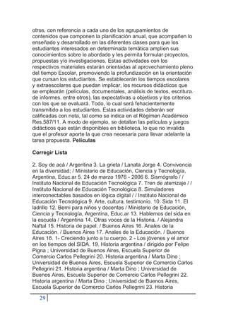 29
otros, con referencia a cada uno de los agrupamientos de
contenidos que componen la planificación anual, que acompañen lo
enseñado y desarrollado en las diferentes clases para que los
estudiantes interesados en determinada temática amplíen sus
conocimientos sobre lo abordado y les permita formular proyectos,
propuestas y/o investigaciones. Estas actividades con los
respectivos materiales estarán orientadas al aprovechamiento pleno
del tiempo Escolar, promoviendo la profundización en la orientación
que cursan los estudiantes. Se establecerán los tiempos escolares
y extraescolares que puedan implicar, los recursos didácticos que
se emplearán (películas, documentales, análisis de textos, escritura.
de informes. entre otros), las expectativas u objetivos y los criterios
con los que se evaluará. Todo, lo cual será fehacientemente
transmitido a los estudiantes. Estas actividades deberán ser
calificadas con nota, tal como se indica en el Régimen Académico
Res.587/11. A modo de ejemplo, se detallan las películas y juegos
didácticos que están disponibles en biblioteca, lo que no invalida
que el profesor aporte la que crea necesaria para llevar adelante la
tarea propuesta. Películas
Corregir Lista
2. Soy de acá / Argentina 3. La grieta / Lanata Jorge 4. Convivencia
en la diversidad; / Ministerio de Educación, Ciencia y Tecnología,
Argentina, Educ.ar 5. 24 de marzo 1976 - 2006 6. Sismógrafo / /
Instituto Nacional de Educación Tecnológica 7. Tren de aterrizaje / /
Instituto Nacional de Educación Tecnológica 8. Simuladores
interconectables basados en lógica digital / / Instituto Nacional de
Educación Tecnológica 9. Arte, cultura, testimonio. 10. Sida 11. El
ladrillo 12. Berni para niños y docentes / Ministerio de Educación,
Ciencia y Tecnología, Argentina, Educ.ar 13. Hablemos del sida en
la escuela / Argentina 14. Otras voces de la Historia. / Alejandra
Naftal 15. Historia de papel. / Buenos Aires 16. Anales de la
Educación. / Buenos Aires 17. Anales de la Educación. / Buenos
Aires 18. 1- Creciendo junto a tu cuerpo. 2 - Los jóvenes y el amor
en los tiempos del SIDA. 19. Historia argentina / dirigido por Felipe
Pigna ; Universidad de Buenos Aires, Escuela Superior de
Comercio Carlos Pellegrini 20. Historia argentina / Marta Dino ;
Universidad de Buenos Aires, Escuela Superior de Comercio Carlos
Pellegrini 21. Historia argentina / Marta Dino ; Universidad de
Buenos Aires, Escuela Superior de Comercio Carlos Pellegrini 22.
Historia argentina / Marta Dino ; Universidad de Buenos Aires,
Escuela Superior de Comercio Carlos Pellegrini 23. Historia
 