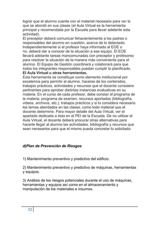 32
lograr que el alumno cuente con el material necesario para ver lo
que se abordó en sus clases (el Aula Virtual es la herramienta
principal y recomendada por la Escuela para llevar adelante esta
actividad).
El preceptor deberá comunicar fehacientemente a los padres o
responsables del alumno en cuestión, acerca de lo detectado.
Independientemente si el profesor haya informado al EOE o
no, deberá dar a conocer de la situación a ese equipo. El EOE
llevará adelante tareas mancomunadas con preceptor y profesores
para resolver la situación de la manera más conveniente para el
alumno. El Equipo de Gestión coordinará y colaborará para que
todos los integrantes responsables puedan cumplir lo planificado.
El Aula Virtual u otras herramientas.
Esta herramienta se constituye como elemento institucional por
excelencia para permitir al alumno, hacerse de los contenidos,
trabajos prácticos, actividades y recursos que el docente considere
pertinentes para aprobar distintas instancias evaluativas en su
materia. En el curso de cada profesor, debe constar el programa de
la materia, programa de examen, recursos aportados (bibliografía,
videos, archivos, etc.), trabajos prácticos y si lo considera necesario
los temas abordados en las clases, como todo material que el
docente determine. Para mayor detalle del Aula Virtual, ver el
apartado dedicada a ésta en el PEI de la Escuela. De no utilizar el
Aula Virtual, el docente deberá procurar otras alternativas para
hacerle llegar al alumno las actividades, bibliografía y recursos que
sean necesarios para que el mismo pueda concretar lo solicitado.
d)Plan de Prevención de Riesgos
1) Mantenimiento preventivo y predictivo del edificio.
2) Mantenimiento preventivo y predictivo de máquinas, herramientas
y equipos.
3) Análisis de los riesgos potenciales durante el uso de máquinas,
herramientas y equipos así como en el almacenamiento y
manipulación de los materiales e insumos.
 