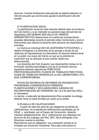 9
alumnos. Cuando finalicemos este período se deberá elaborar un
informe escueto que servirá para ajustar la planificación del año
escolar.
4) PLANIFICACION ANUAL
La planificación anual de cada docente deberá estar al comienzo
del ciclo lectivo y si es menester se ajustará luego del período de
diagnóstico (NO DEBERÁ SER SOLO UN TRÁMITE
ADMINISTRATIVO) deberá tener en cuenta las características
grupales detectadas durante el período antes mencionado y será el
instrumento que utilizará el docente para alcanzar las expectativas
previstas.
La misma es individual (NO SE ACEPARÁN FOTOCOPIAS) y
deberá entregarse a la Dirección de la escuela a través de las
Jefaturas de Departamento y/o Secretaría. El docente deberá tener
en su poder una copia del mismo ya que se la solicitará el
supervisor que se acerque al aula cuando realice las
observaciones.
Los docentes del Ciclo Superior que desempeñan tareas en la
formación científica-tecnológica y los de la formación técnica
específica deberán adjuntar las PRÁCTICAS
PROFESIONALIZANTES, PLANOS DE TRABAJOS PRÁCTICOS,
GUIAS DE TRABAJOS GENERALES y/o DE LABORATORIO, ETC
QUE CORRESPONDAN.
FECHA DE ENTREGA DE INFORMES DE DIAGNÓSTICO,
PROGRAMAS CONSENSUADOS FIRMADOS,
PLANIFICACIONES Y DECLARACIONES JURADAS DE
INCOMPATIBILIDAD DE HORARIOS: del 1al 5 de abril (las DDJJ
en Secretaría
Lo demás a cada jefe de departamento).Para acreditar la entrega
deberán tener la copia firmada por quién se la recibe.
5) PLANILLA DE CALIFICACIONES
A partir de este año será de uso obligatorio (la libreta de
calificaciones), en la planilla de calificaciones aprobadas por la
DGyE y solicitadas por el Equipo de Conducción deberán
volcarse obligatoriamente las 3 calificaciones que obtengan los
alumnos de sus trabajos (ver Res. 587). Será entregada a los
Directivos cuando la soliciten.
Recordamos que es obligatoria una evaluación escrita en el
trimestre por resolución ministerial. Para este ciclo lectivo la
 