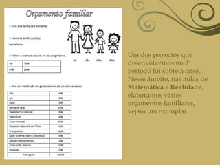Um dos projectos que desenvolvemos no 2º período foi sobre a crise. Nesse âmbito, nas aulas de Matemática e Realidade, elaborámos vários orçamentos familiares, vejam um exemplar.