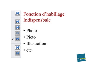 Fonction d’habillage
Indispensbale
•  Photo
•  Picto
•  Illustration
•  etc
 